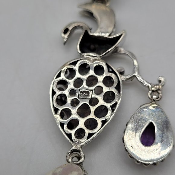 Silver Filigree Phoenix Swan Pendant Mabe Pearl Amethyst Statement Art - Picture 9 of 11